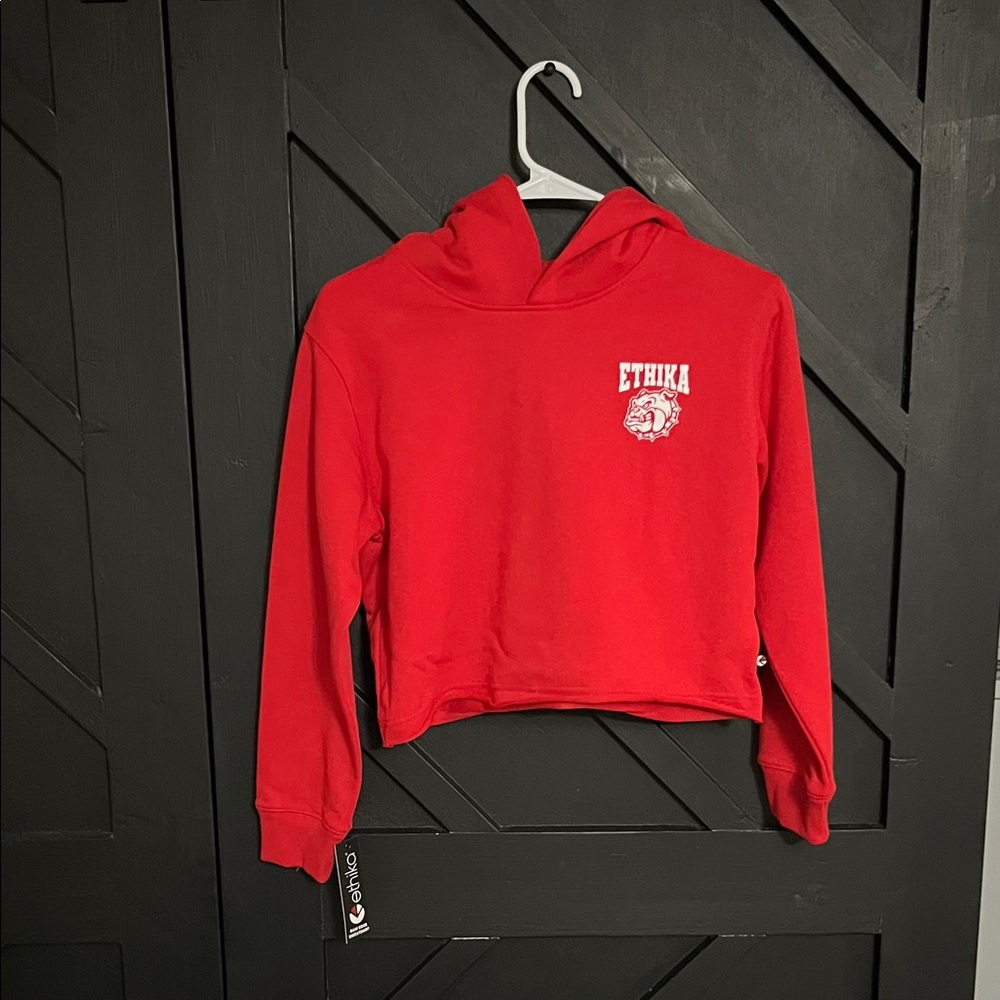 ethika Red Cropped Pullover Hoodie with Chest Logo